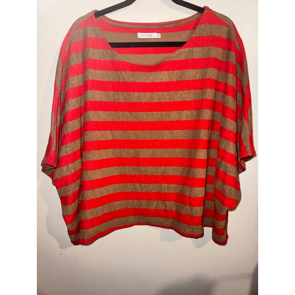 Mer Sea Oversized Striped Batwing Top Red Tan Boat Neck Knit OS Preppy